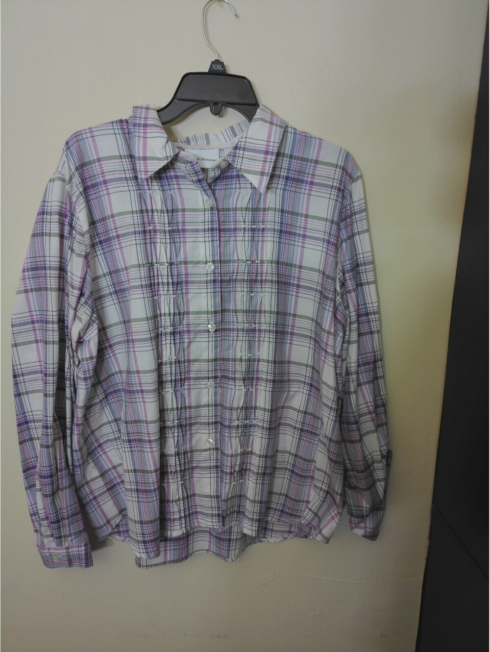 Alfred Dunner Womens Blouse Size 16 Purple Plaid Pintuck Beaded Long Sleeve
